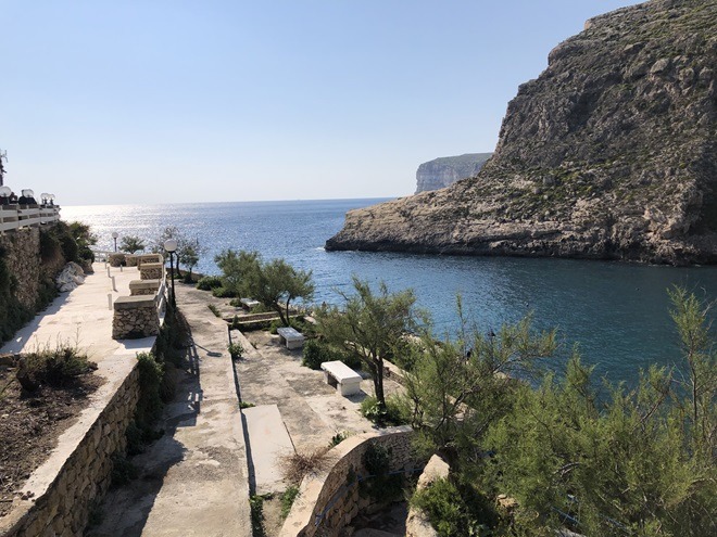 benches overlooking Xlendi Bay, Gozo