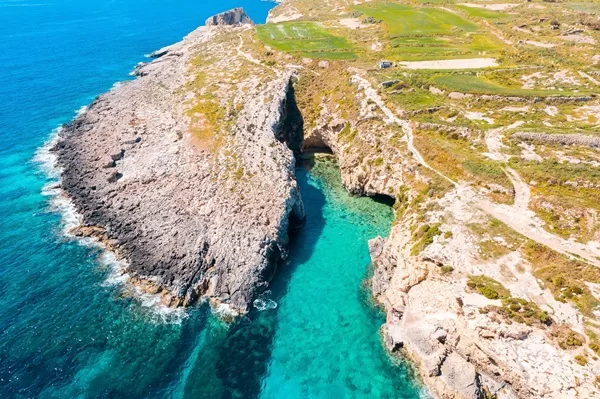 aerial view of Hondoq bay Gozo with beautiful blue waters